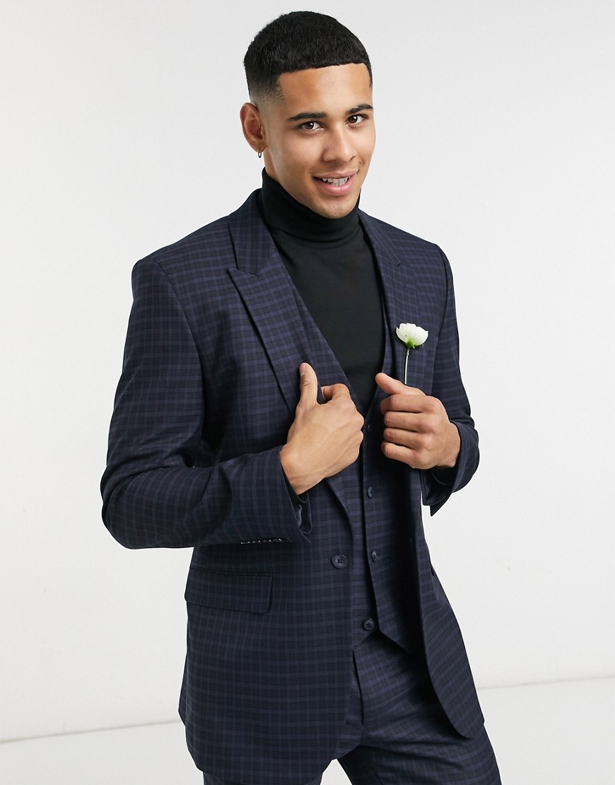 ASOS DESIGN skinny suit jacket with micro plaid in navy and green