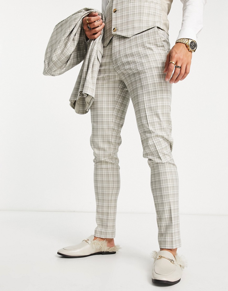 ASOS DESIGN skinny suit pants in beige and navy highlight grid check