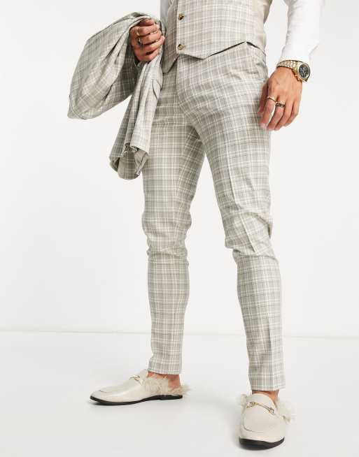 ASOS DESIGN skinny suit pants in beige and navy highlight grid check 