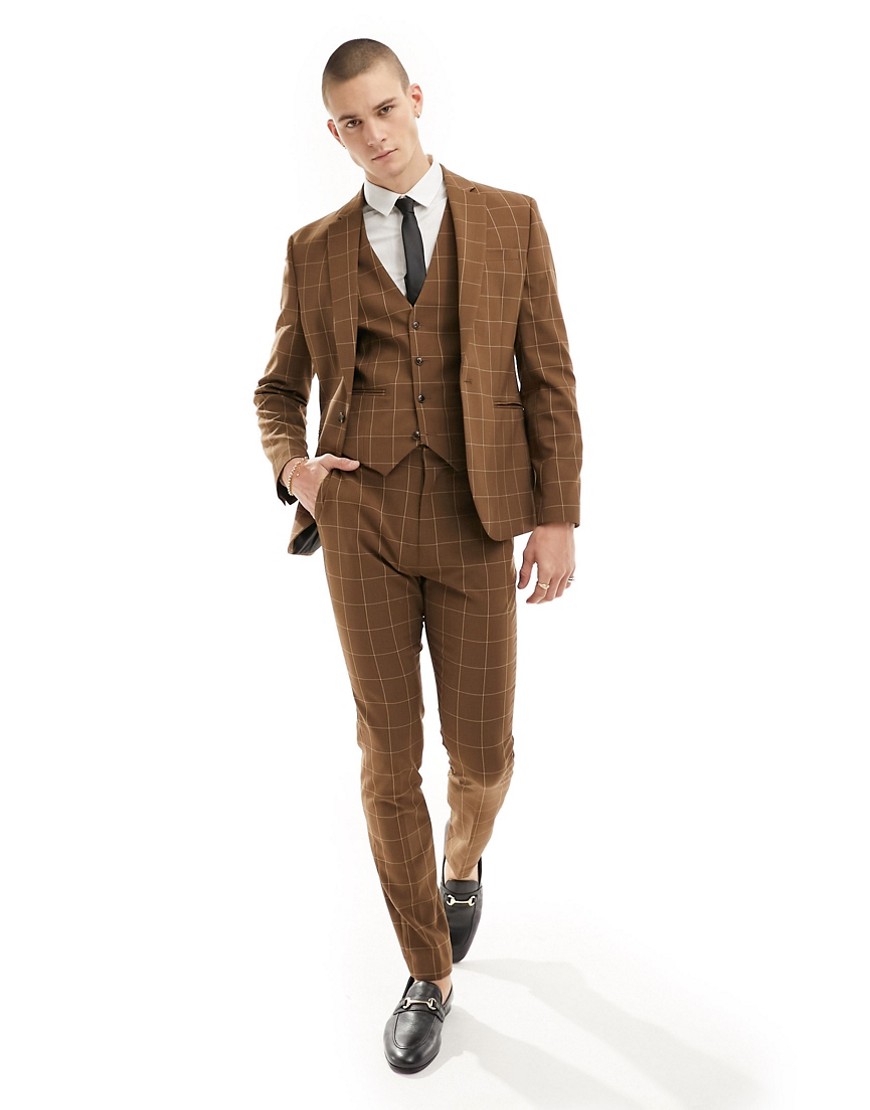 Asos Design Skinny Suit Pants In Brown Tonal Check
