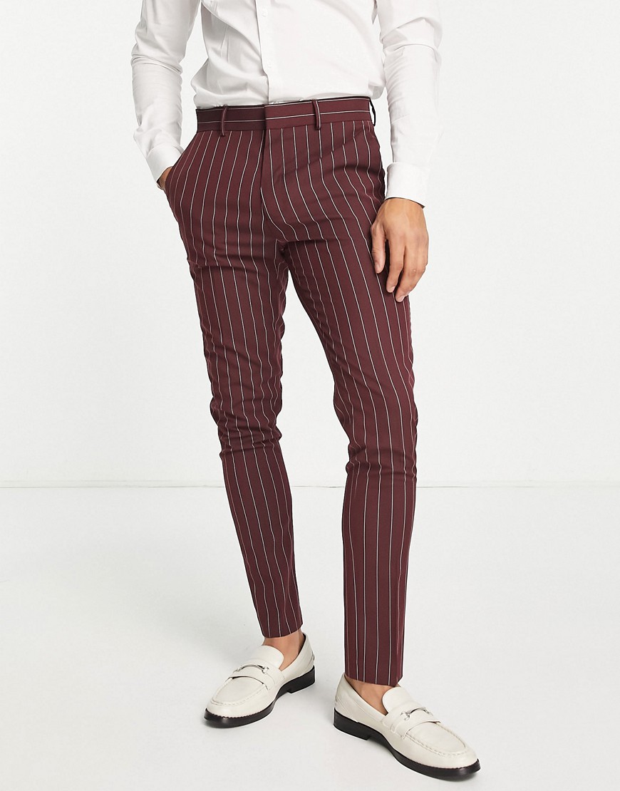 ASOS DESIGN skinny suit pants in burgundy pinstripe-Red