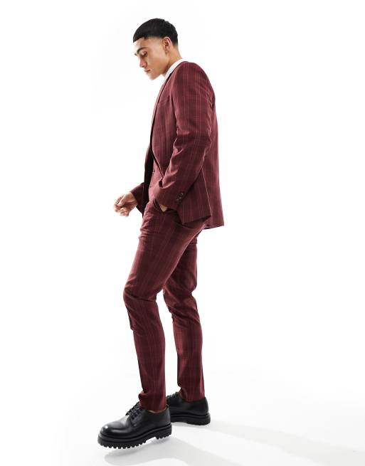 ASOS DESIGN skinny tuxedo pants in burgundy with satin side stripe