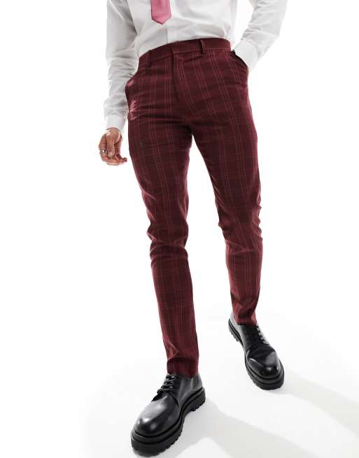 ASOS DESIGN skinny suit pants in burgundy tonal check | ASOS