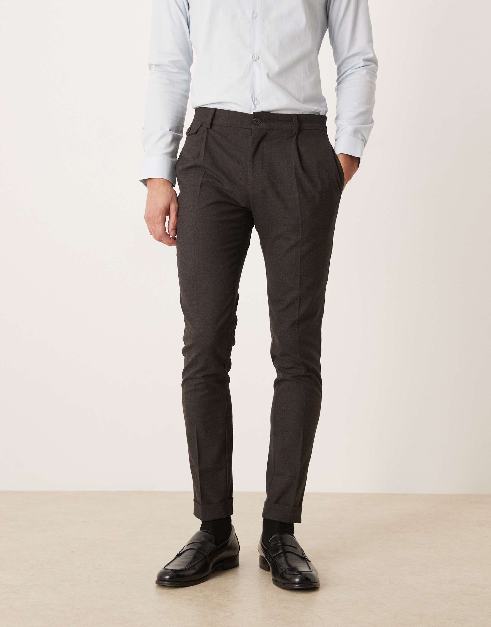 ASOS DESIGN skinny suit pants in charcoal wool look herringbone