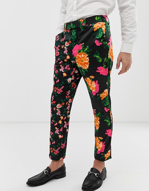 ASOS DESIGN skinny suit pants in cut and sew black floral | ASOS