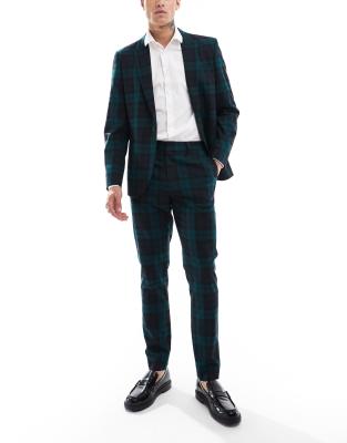 skinny suit pants in dark green tartan