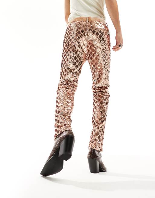 ASOS DESIGN skinny suit pants in diamond sequin in champagne, 4 of 5