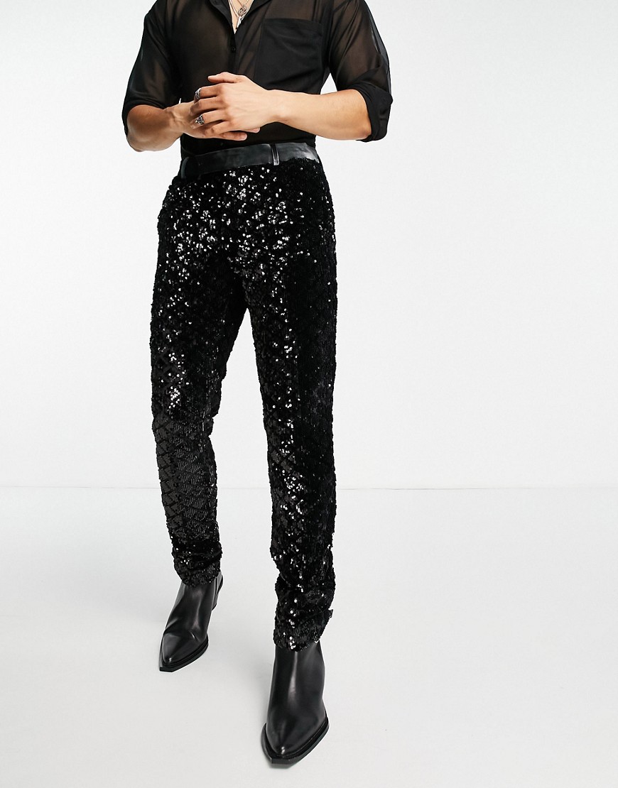 ASOS DESIGN skinny suit pants in diamond sequin-Black