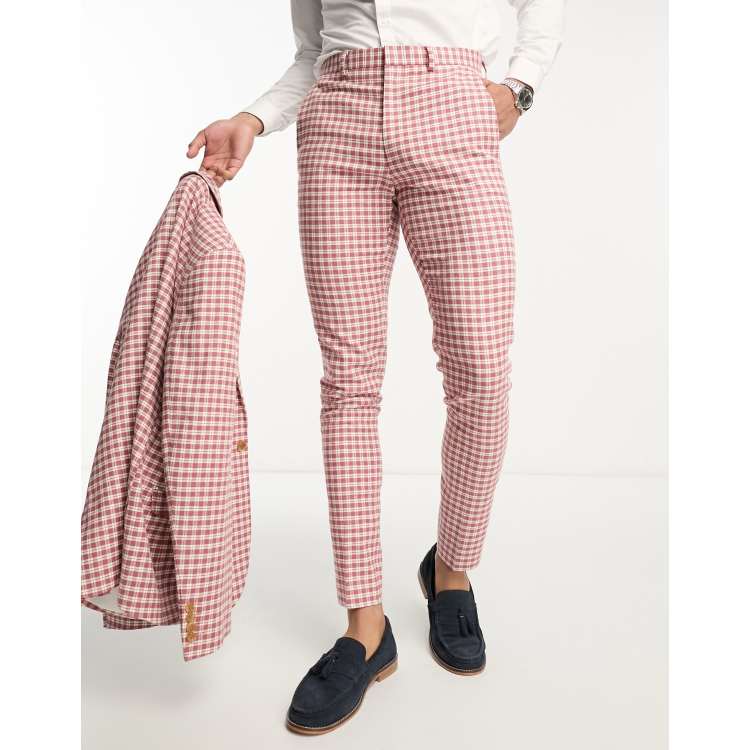 ASOS DESIGN skinny suit pants in linen mix in gingham in pink