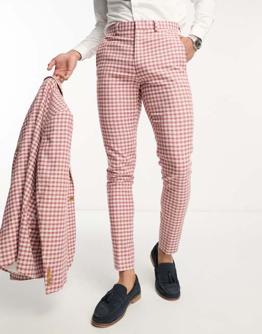 ASOS DESIGN skinny suit pants in linen mix in gingham in pink