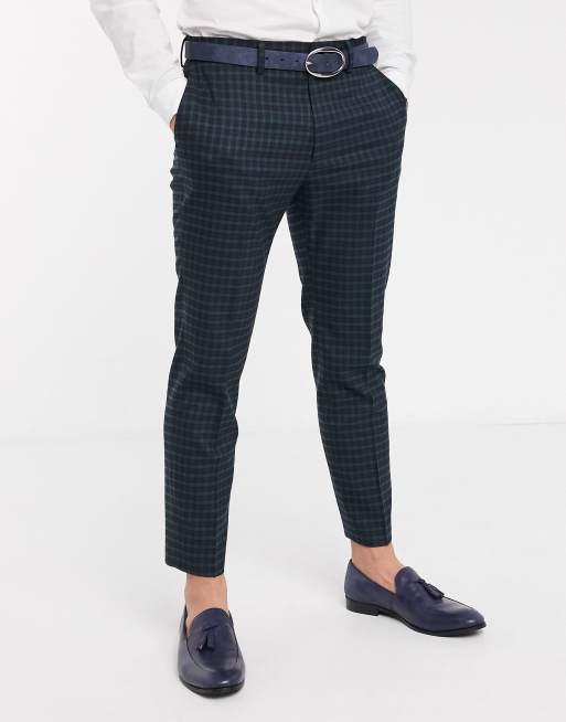 ASOS DESIGN skinny suit pants in mini blackwatch plaid check in navy and  green