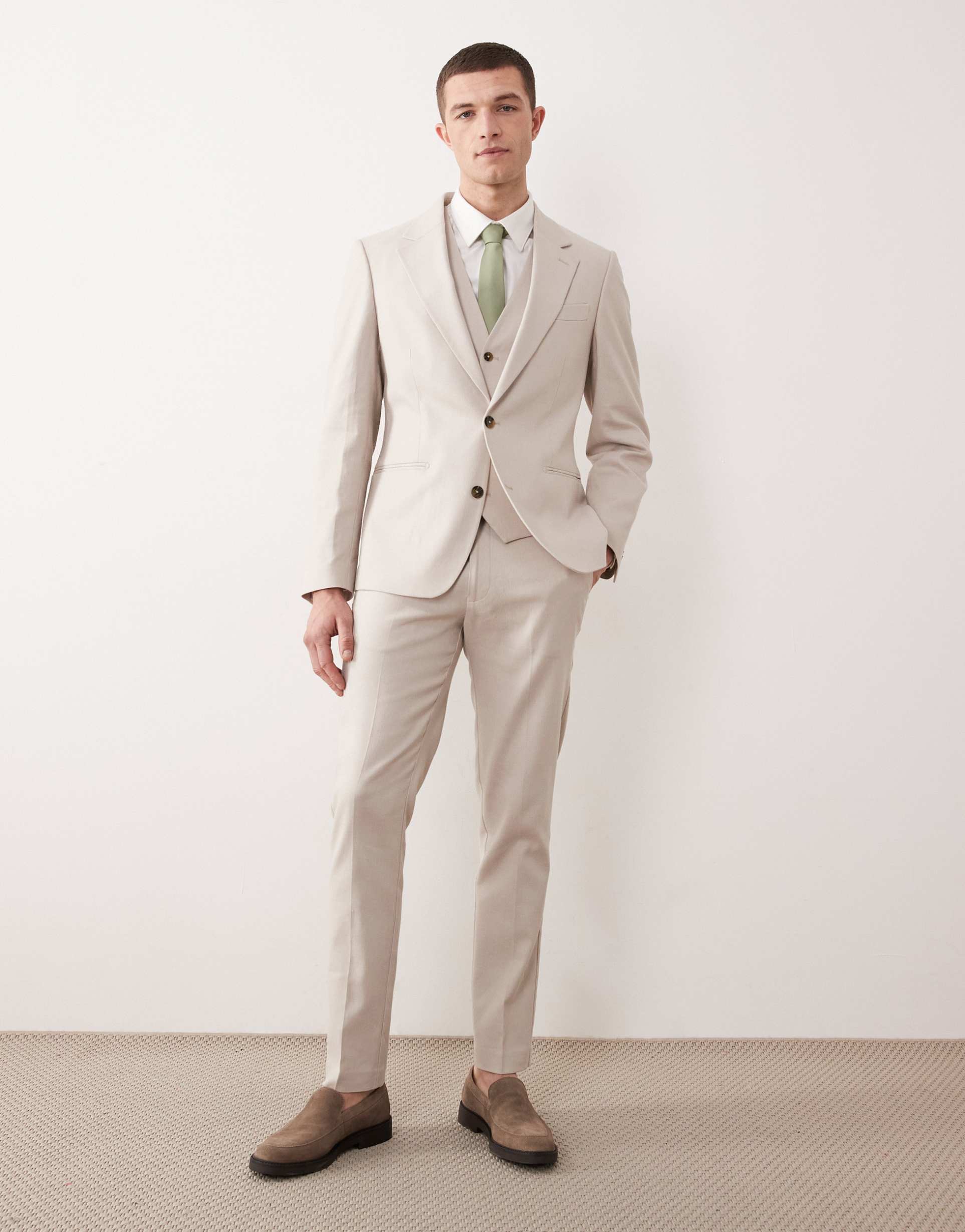 ASOS DESIGN skinny suit pants in stone linen rich