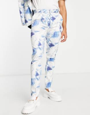 skinny suit pants in white and blue print