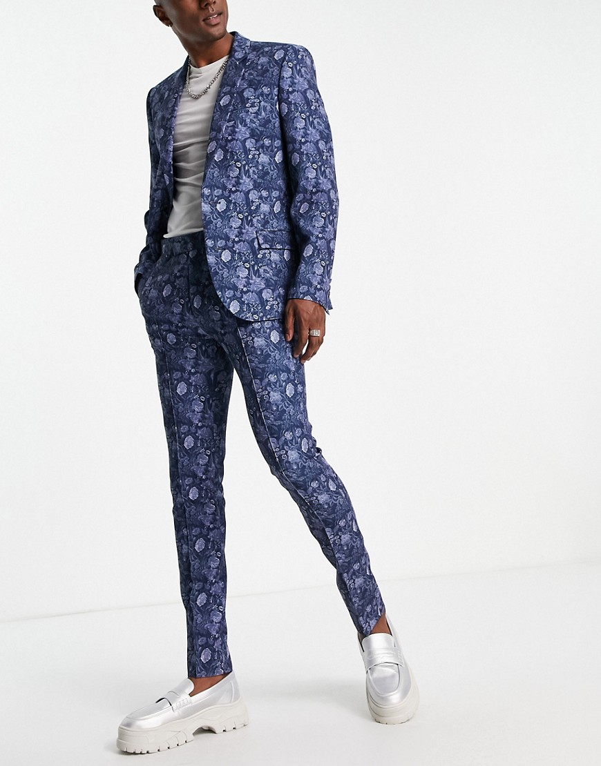 ASOS DESIGN skinny suit pants with in blue print
