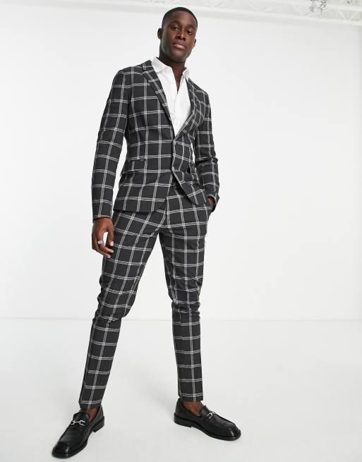 ASOS DESIGN skinny suit pants with prince of wales check charcoal