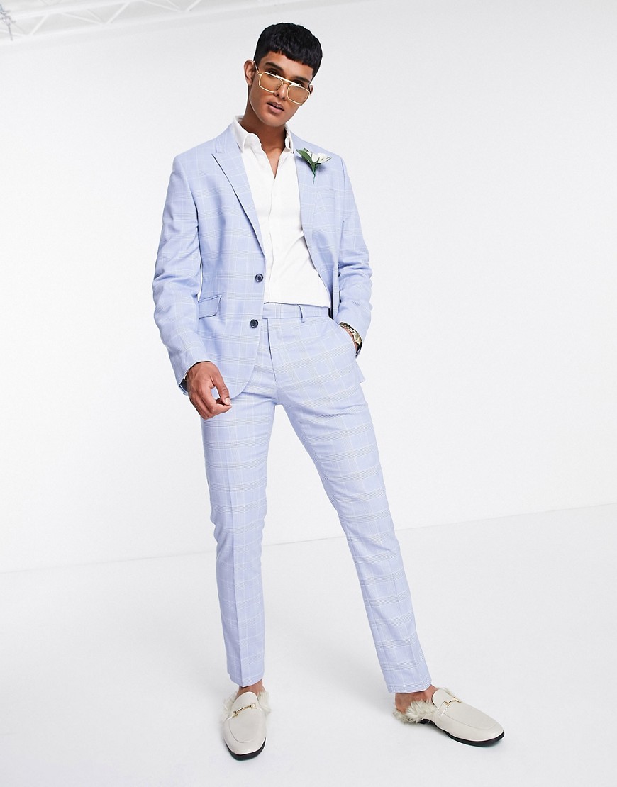 ASOS DESIGN skinny suit pants with Prince of Wales check in blue-Blues