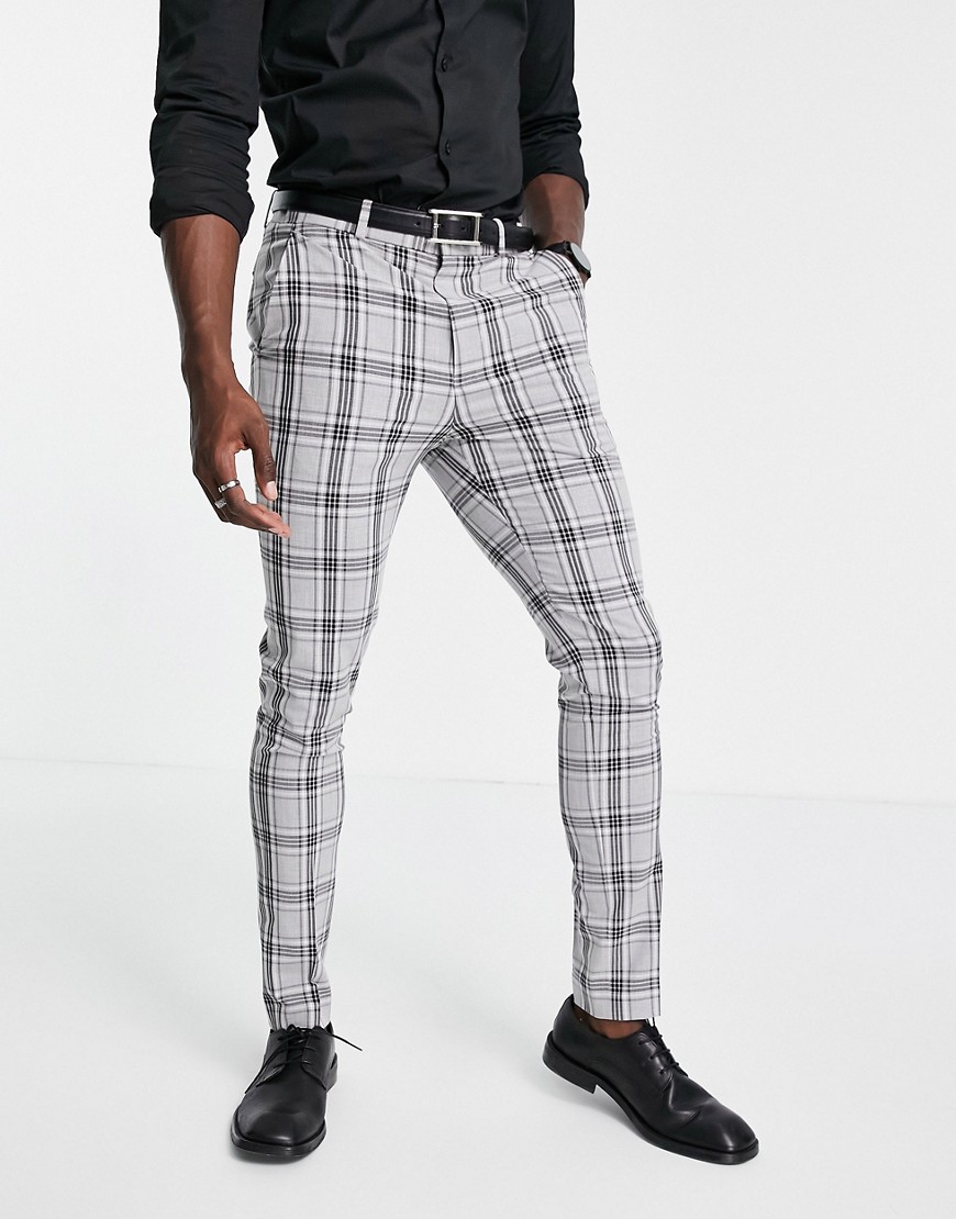 ASOS DESIGN skinny suit pants with prince of wales check in gray-Grey