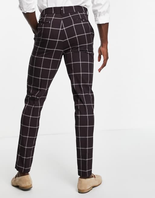 ASOS DESIGN skinny suit pants with windowpane check in burgundy ASOS