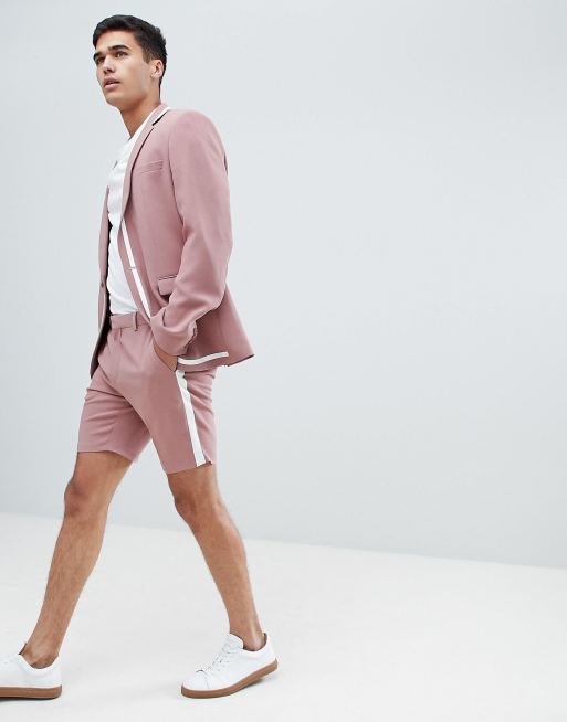 ASOS DESIGN skinny suit shorts in pink with white trim