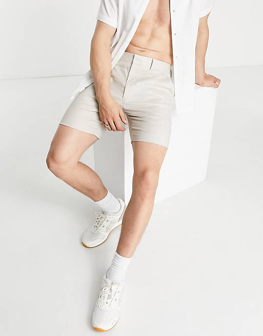  skinny suit shorts in stone cotton linen 