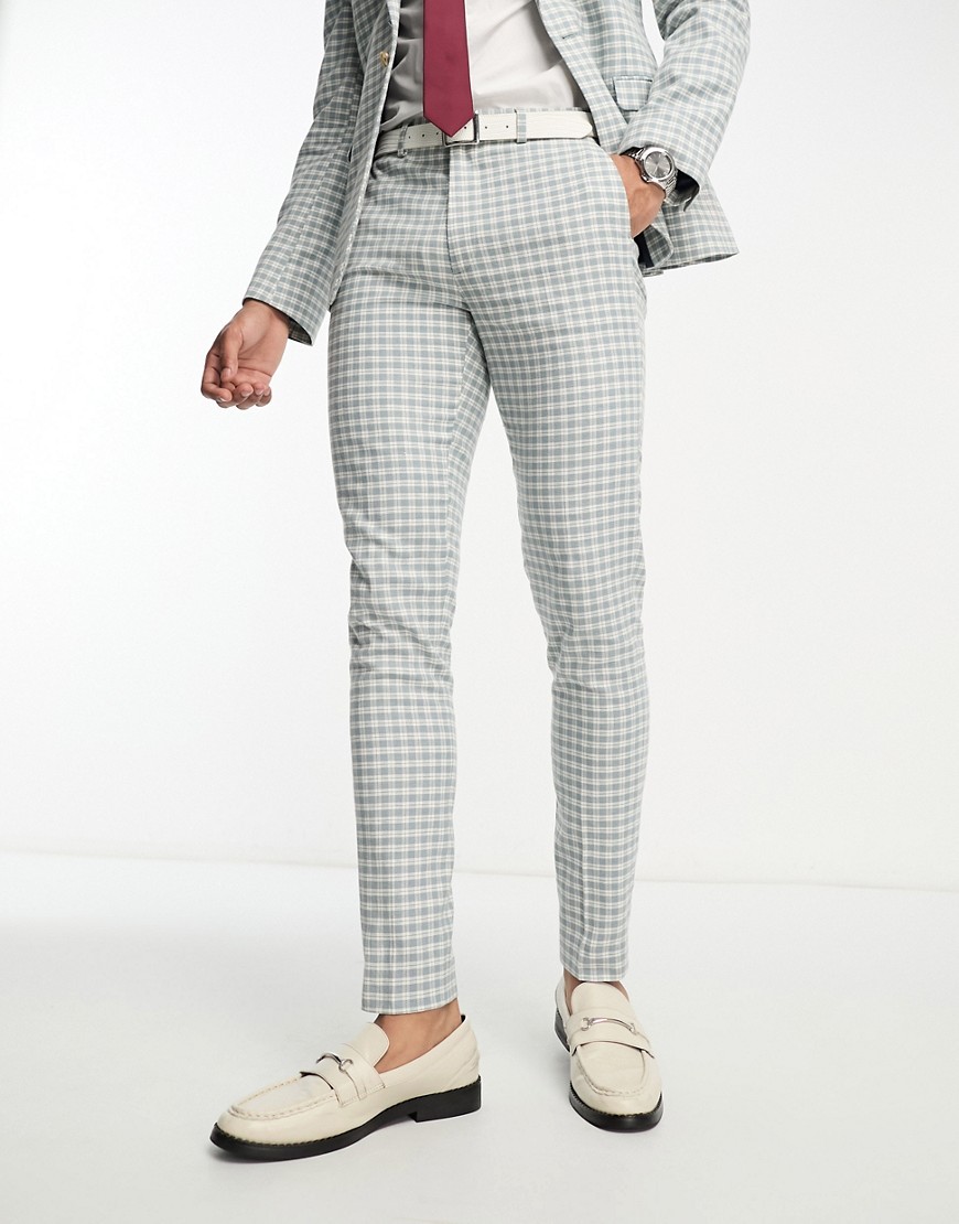 ASOS DESIGN skinny suit trouser in linen mix in gingham in blue