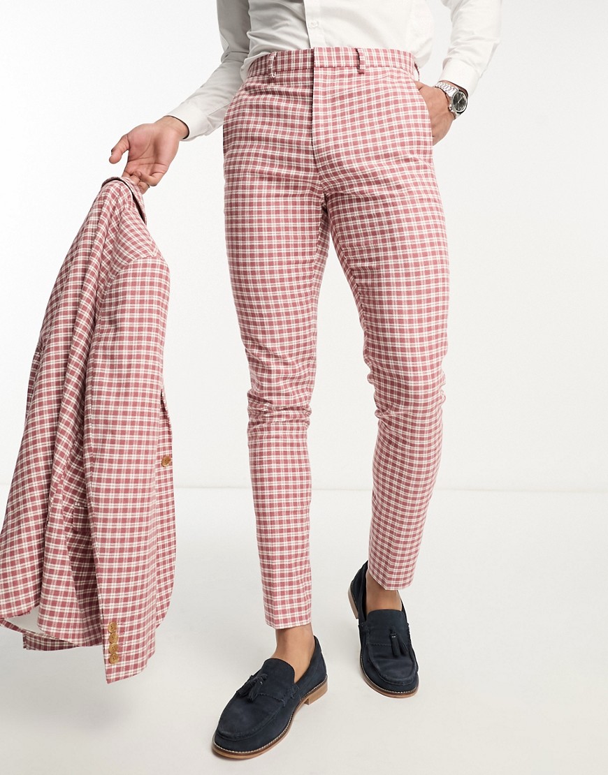 ASOS DESIGN skinny suit trouser in linen mix in gingham in pink