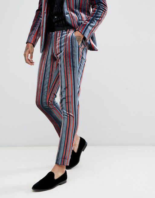 Traje entallado en azul y burdeos con franjas de terciopelo de ASOS DESIGN, 2 de 2