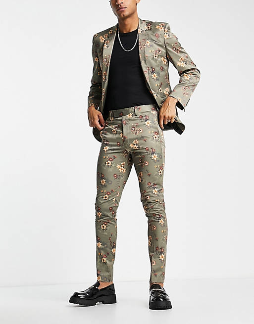 Men skinny suit trousers in brown floral print 