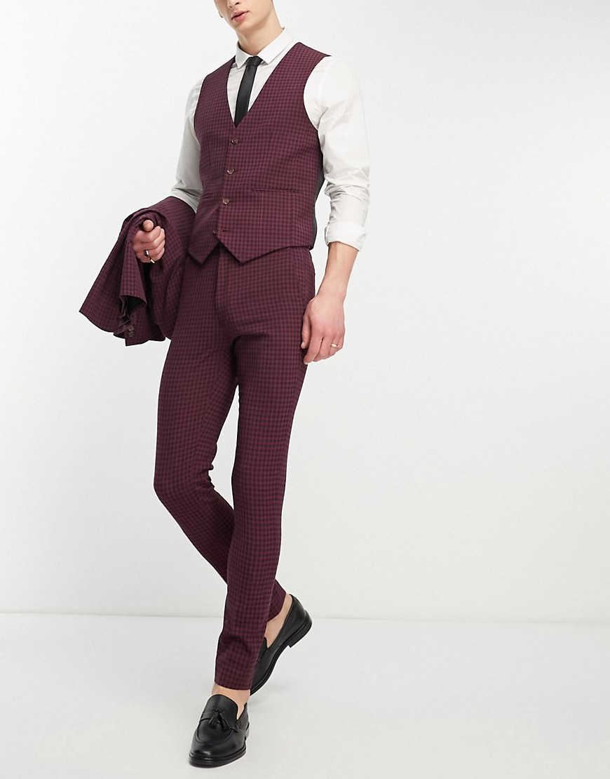 ASOS DESIGN skinny suit trousers in burgundy gingham-Red