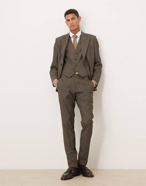 ASOS DESIGN skinny suit trousers in dark green wool look herringbone