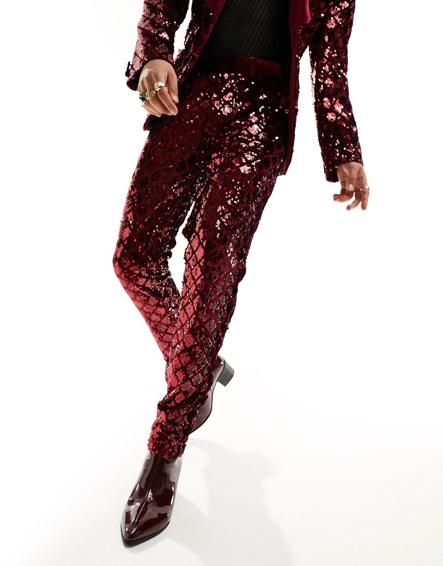 ASOS DESIGN skinny suit trousers in diamond sequin in burgundy-Red