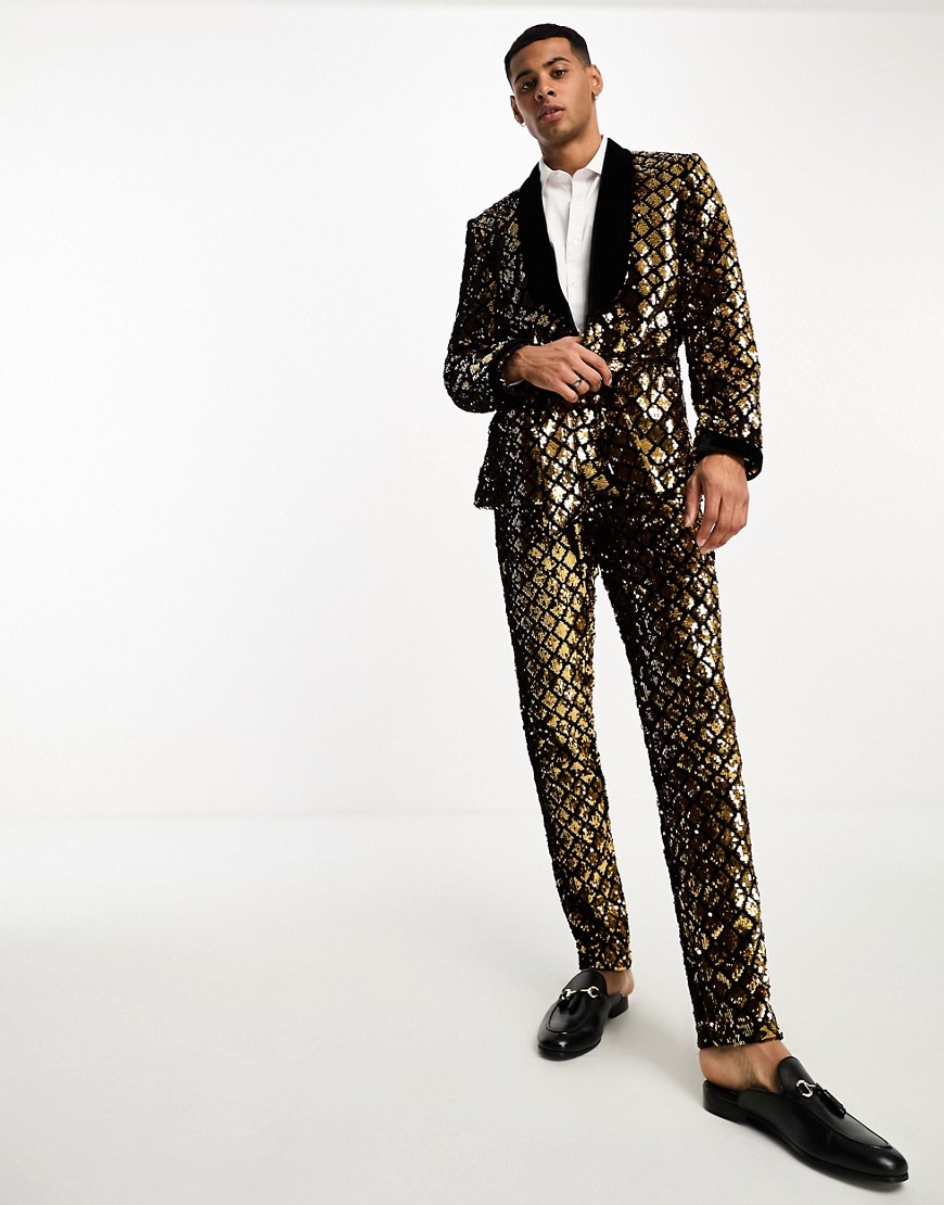 ASOS DESIGN skinny suit trousers in diamond sequin in gold