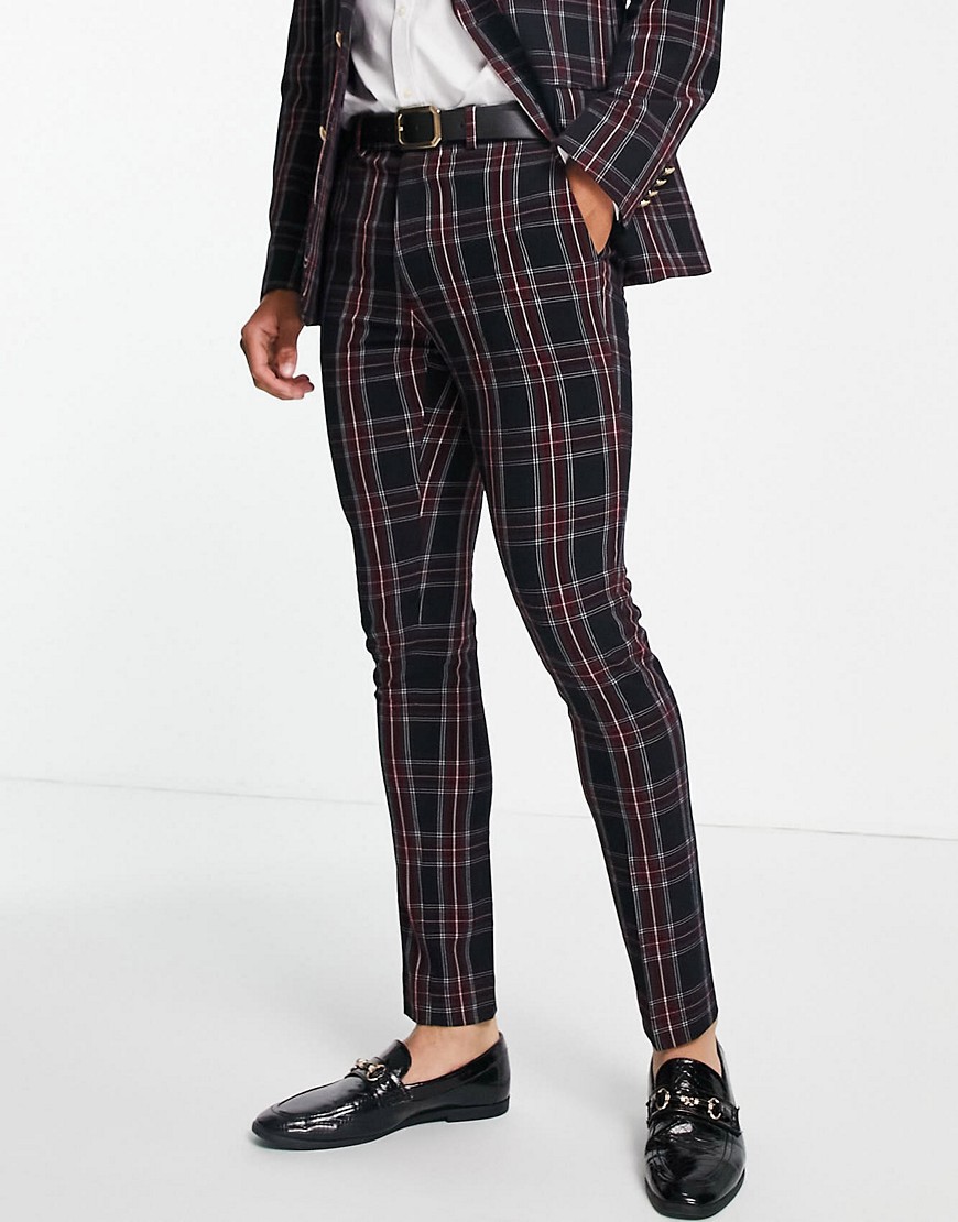 ASOS DESIGN skinny suit trousers in green tartan check with gold button