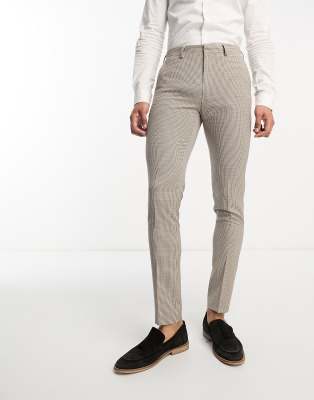 ASOS DESIGN skinny suit trousers in micro check in stone-Neutral