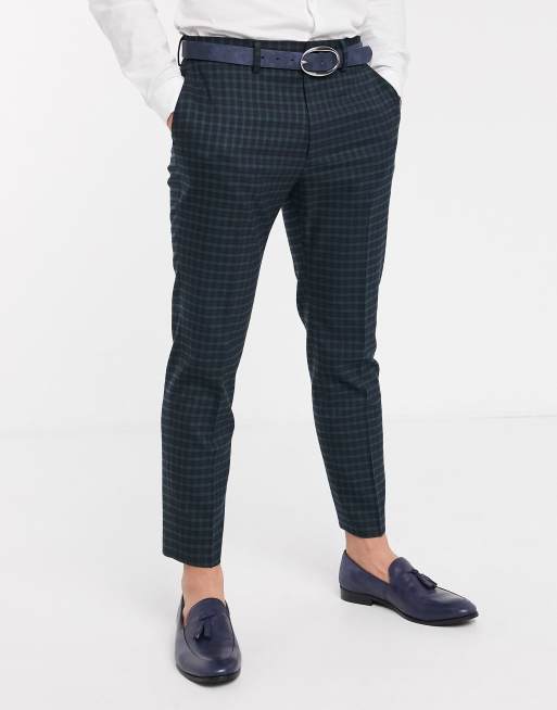 ASOS DESIGN skinny suit trousers in mini blackwatch tartan check in navy and green