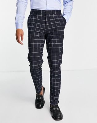 ASOS DESIGN skinny suit trousers in navy windowpane check