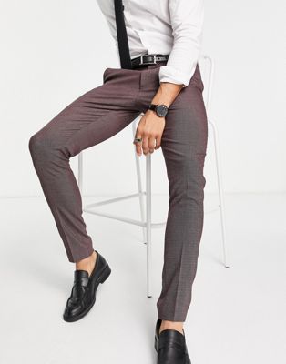 ASOS DESIGN skinny suit trousers in pindot texture in burgundy-Red