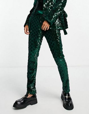 ASOS DESIGN skinny suit trousers in sequin diamond velvet in green