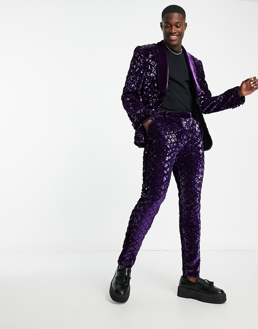 ASOS DESIGN skinny suit trousers in sequin diamond velvet in purple