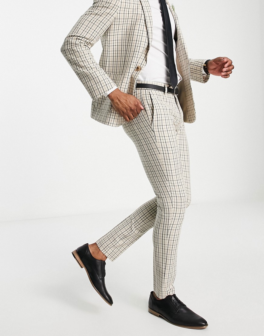 ASOS DESIGN skinny suit trousers in stone and beige micro check-Neutral