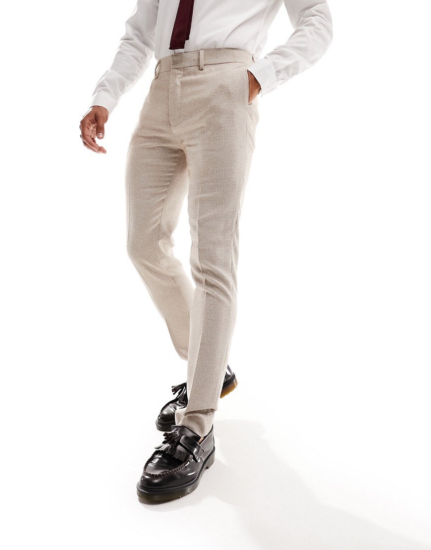 ASOS DESIGN skinny suit trousers in stone basketweave-Neutral