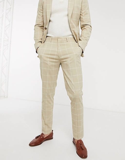 ASOS DESIGN skinny suit trousers in stone windowpane check