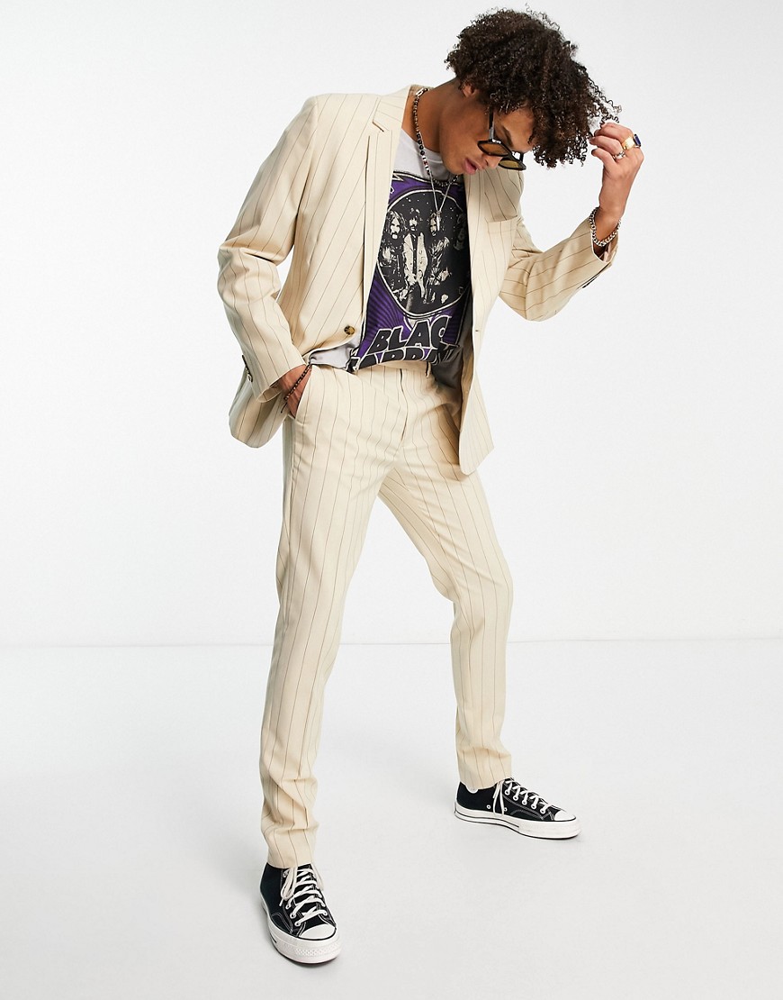 ASOS DESIGN skinny suit trousers in tonal stone stripe-Neutral