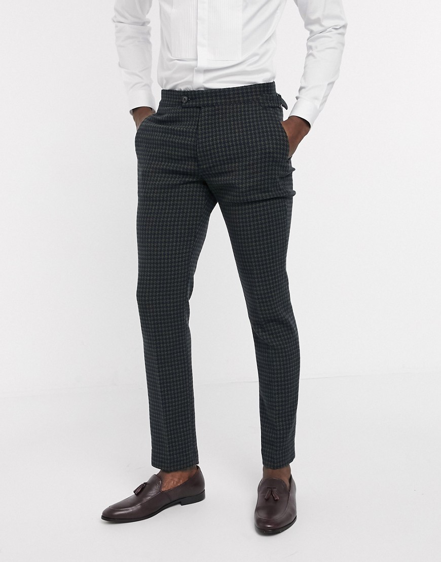 ASOS DESIGN skinny suit trousers in wool mix houndstooth in khaki-Green