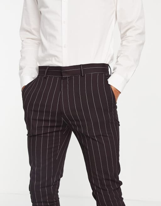 ASOS DESIGN skinny suit trousers with pinstripe in burgundy