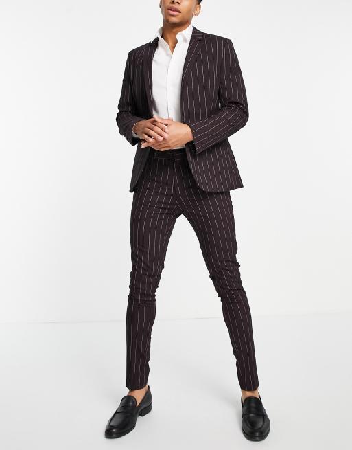 ASOS DESIGN skinny suit trousers with pinstripe in burgundy, 3 of 4