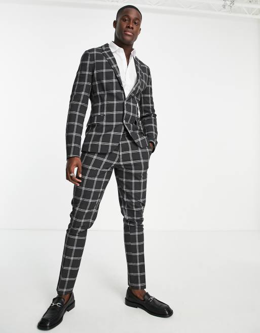 ASOS DESIGN skinny suit trousers with prince of wales check charcoal