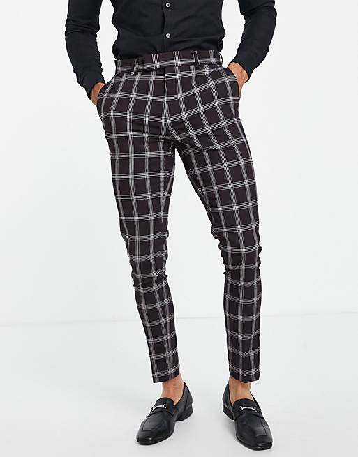 ASOS DESIGN skinny suit trousers with window check in burgundy