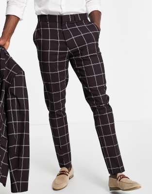 Men's ASOS Design Skinny Suit Trousers with Window Pane Check in burgundy-Red