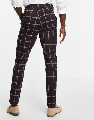 Men's ASOS Design Skinny Suit Trousers with Window Pane Check in burgundy-Red